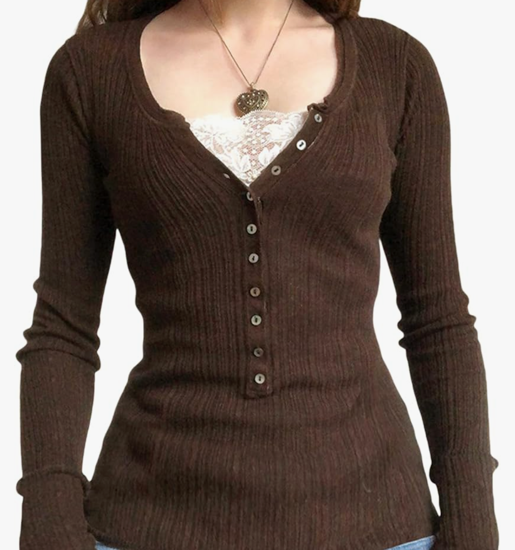 Women Y2K Lace V Neck Shirt Long Sleeve Half Button Down Solid Color Slim Fit Aesthetic Going Out Blouse Streetwear(Brown, XL)