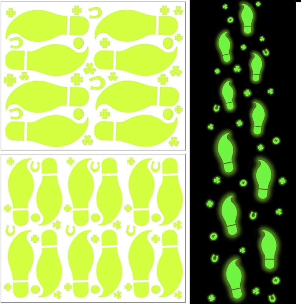 8 x St. Patricks Day Luminous Leprechaun Footprints Glow in The Dark Paddys Decals Stickers Shamrock Gold Coin Saint St Pattys Day Party Decorations Classroom Floor Window Green Decals