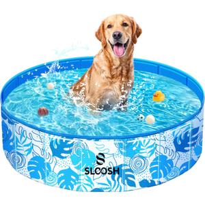 SLOOSH Foldable Dog Kiddie Pool - Portable Hard Plastic Kids Baby Doggie Swimming Pool, Anti-Slip Thick PVC Collapsible Pets Cats Whelping Box Puppy Bathtub (32" x 8")