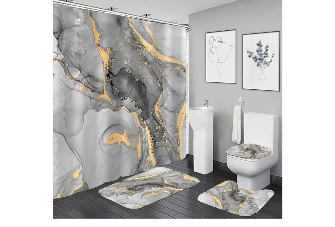 Nkzply 4 Pcs Grey Marble Shower Curtain Set White Modern Abstract Bathroom Sets with Shower Curtain and Rugs Silver Gold Fabric Shower Curtains for Bathroom Decor Accessories Toilet Lid Cover Hooks