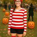 Halloween Costume Sets, Halloween Women Cosplay Red White Striped Shirt Beanie Cap Glasses Socks for Halloween Party (White)