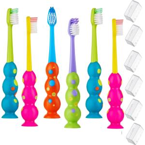 Trueocity Kids Toothbrush 6 Pack - Soft Contoured Bristles - Child Sized Brush Heads (3-10 Year Old) - Suction Cup for Fun & Easy Storage - Girl & Boy Set (6-Pack, Multi-Color)