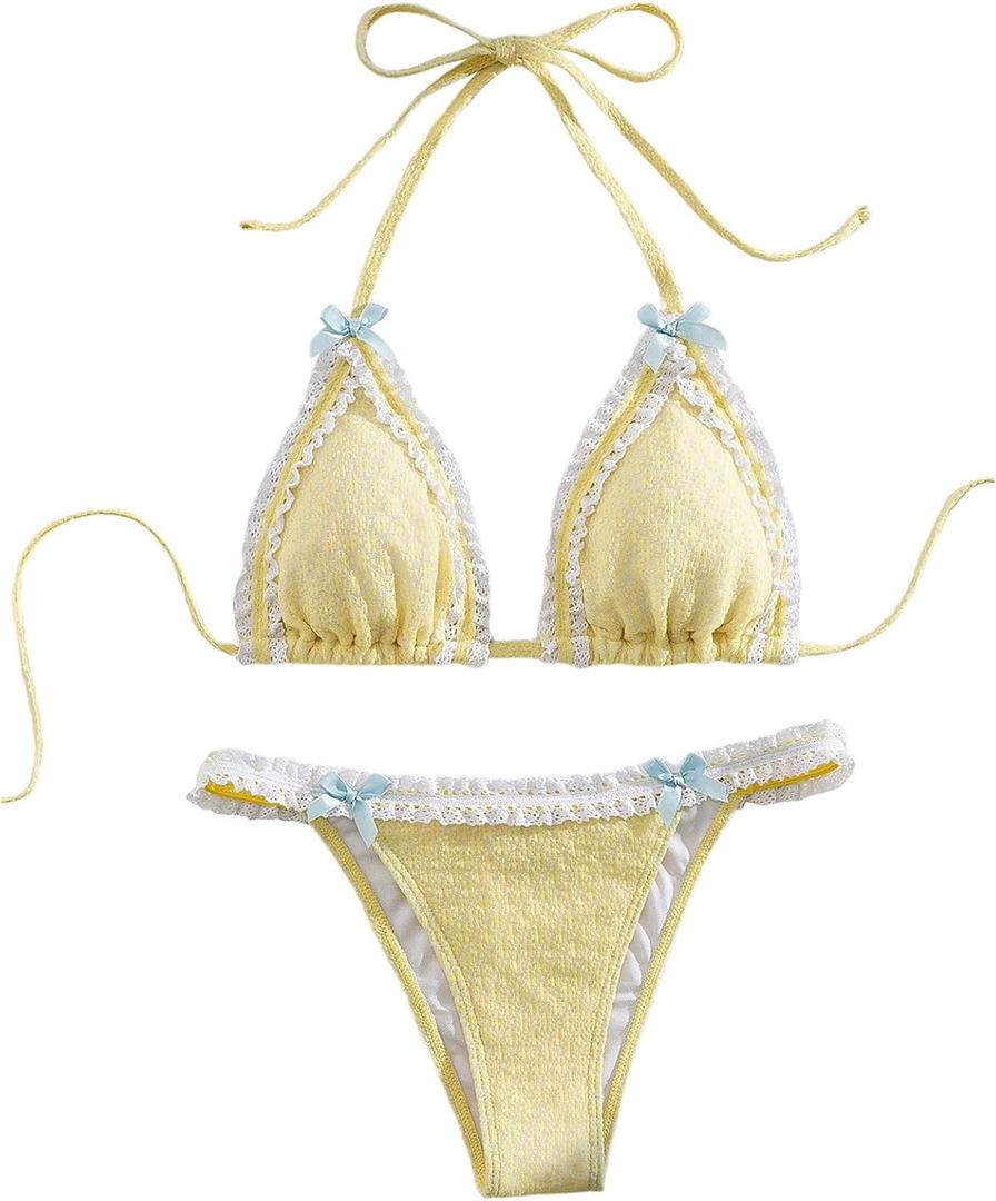 Milumia Women's Lace Trim Bow Tie Bikini Set Triangle Halter Cheeky 2 Piece Swimsuit (Yellow), Large