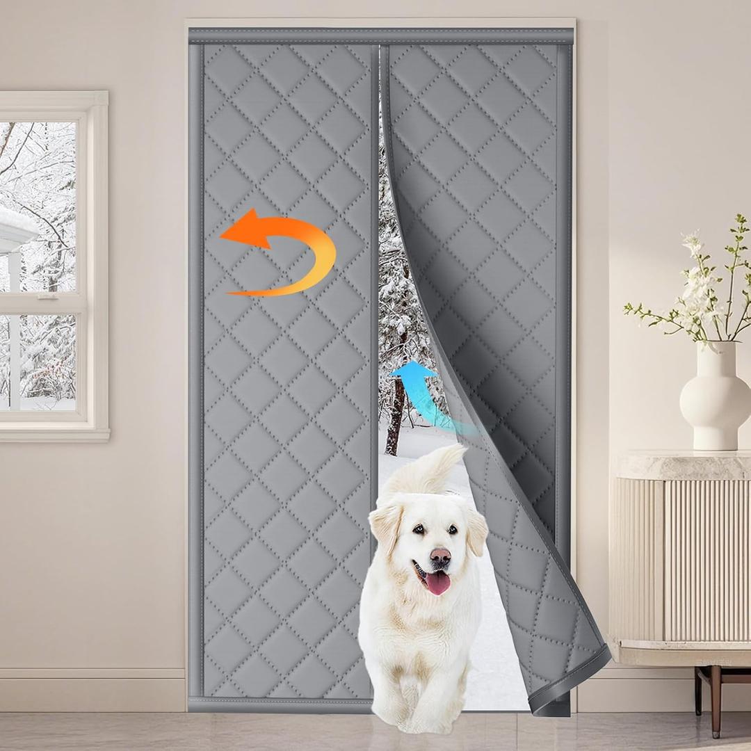 Magnetic Thermal Door Curtain Fits 32"X80" Doors, Thermal Door Cover for Winter Curtain Size 34x82Inch Thicken Oxford and Cotton Fill Doors Draft Stopper to Keep Cold Air Out Gray