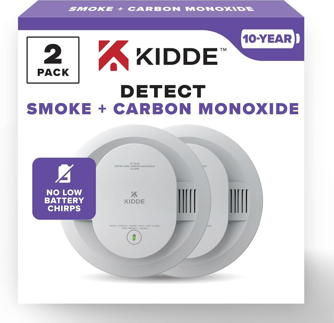 Kidde Smoke and Carbon Monoxide Detector, 10-Year Battery Powered, LED Status Lights, 85 dB Alarm, 5-inches, 30CUD10, 2 Pack