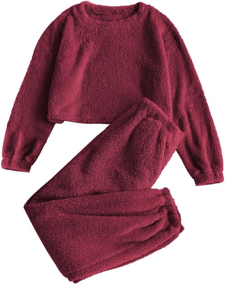 ZAFUL Women's Fuzzy Lounge Casual Pajamas Sets Long Sleeve Fleece Pullover and Pants Set 2 Piece Fluffy Loungewear Sleepwear (X-Large)