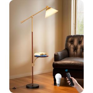 EDISHINE 68" Arc Floor Lamp with Table, Vintage Standing Lamp for Living Room with Tray, Tall Reading Lamp, Beige Shade, Adjustable Arm, Remote Dimmable Bulb Included, for Bedroom Office, Wood Grain