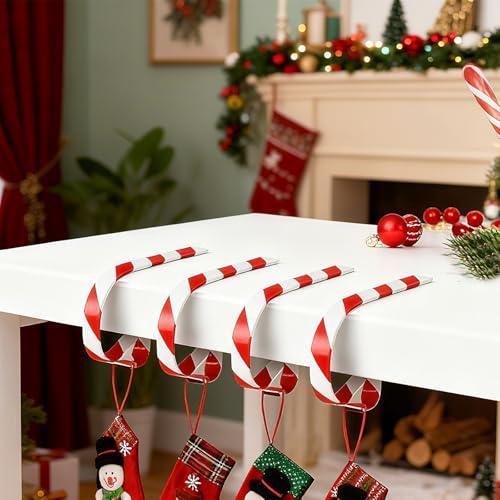 Christmas Stocking Holders Set of 4, Adjustable Candy Cane Hooks for Fireplace Mantle, Non-Skid Lightweight Metal Hangers for Christmas Decorations