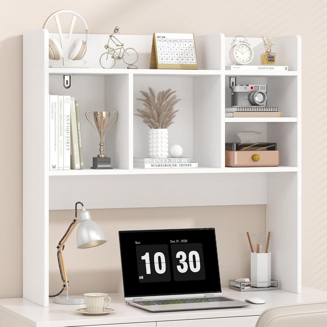 Desk Hutch with 6 Shelves, Desktop Bookshelf Organizer & Hutch Top for Desk, Over Desk Storage Shelf for Office, Home, Dorm | Space-Saving Design (White), 34.6" L x 9.4" W x 33.5" H
