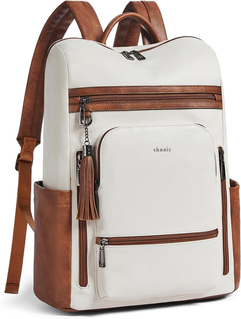 Shrrie Upgraded Large Travel Laptop Backpack with Laptop Compartment Fits 17 inch Laptop, Waterproof Vegan Leather Computer Backpack for Women and Men Work Business College (Beige With Brown)