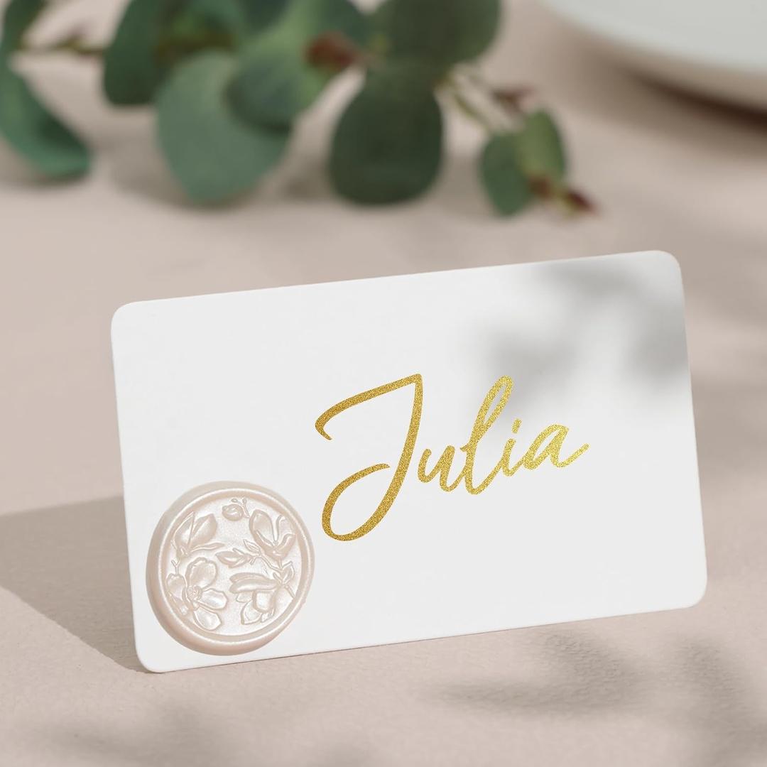 UNIQOOO 24Sets Magnolia Wax Seal Place Card Holders, Champagne Name Card Holders for Wedding Engagement Decor, Tea Party Table Setting, Name Tag, Party Food Labels (24Pcs)