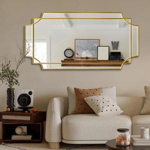 Gold Beveled Mirror - Large Irregular Wall Mirrors Decorative 24"x47.2" Scalloped Rectangular Mirror, Modern Oblong Vanity Wall Mirror for Bathroom Living Room Bedroom Fireplace Entryway (24"L x 47"W)