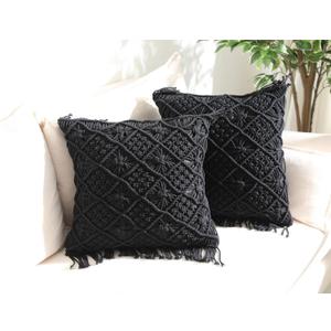 Throw Pillow Cases, Decorative Cushion Cover, Boho Woven Pillowcase for Home Party Office and Outdoor Decoration, Soft Woven Pillow Case with Tassels, Set of 2 Macrame Cushion Case (17"x17", Black)