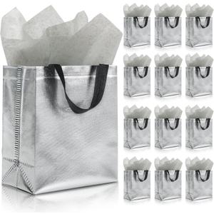 KeerxunBag 12pcs Reusable Gift Bags（Includes Tissue Paper） Gift bag with handle Birthdays Parties Holidays Weddings Medium 10x4x8in silver Gift Bags