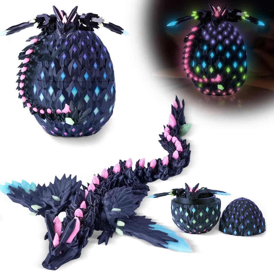 3D Printed Easter Dragon Eggs with Wings Rainbow Glow in The Dark Cool,Articulated Crystal Animals Fidget Toy,Stuff Fun Prefilled Easter Basket Stuffers Toy Gifts for Kids