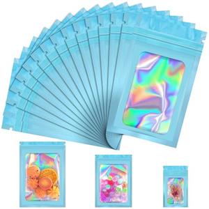 JETMORE 100 Pcs Mylar Bags, Smell Proof Bags Foil Pouch, Holographic Resealable Bags for Small Business, Candy Sample Jewelry Bag Sealable Packaging for Party Favor Food Storage (3x5in-Blue)