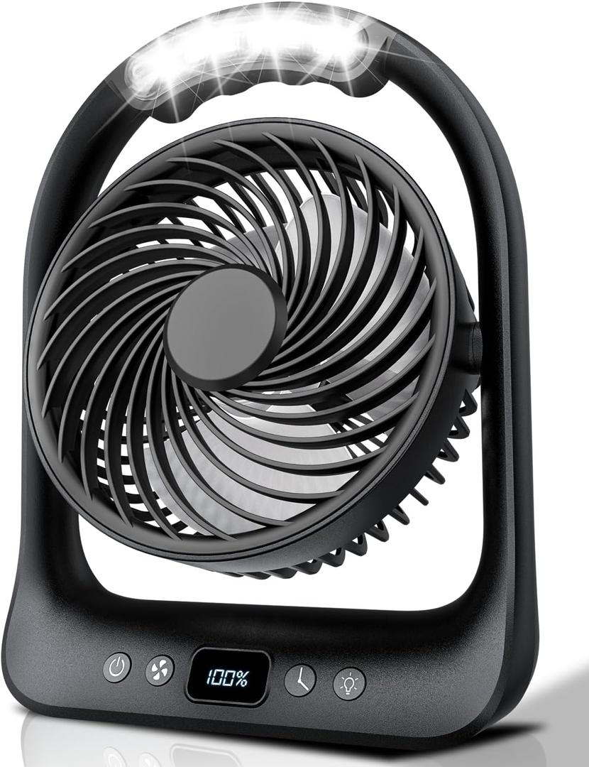 FrSara 6" Rechargeable Personal Fan, 20W Battery Operated Small Fan with 3 Speeds & LED, 6H Runtime Setting, 360Tiltable Head, USB Type-C Charging, Ideal for Travel, Camping, Home & Office, Black
