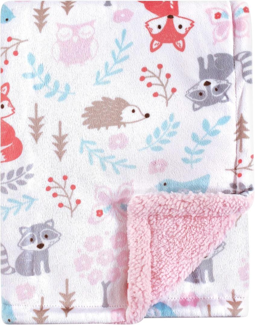 Hudson Baby Unisex Baby Plush Mink and Sherpa Blanket, Girl Woodland, One Size