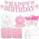 194 Pcs Pink Bow Party Decorations Coquette Birthday Decorations Bow Paper Plates Napkins Cups Forks Tablecloth Banner Bow Theme Tableware Serve 24
