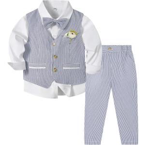 Volunboy Baby Boy Formal Prom Striped Pants Set Seersucker Wedding Guest Ring Bearer Outfits Gentleman Dress Shirt Summer Beach Bowtie Vest Suits (Navy, 2-3T)