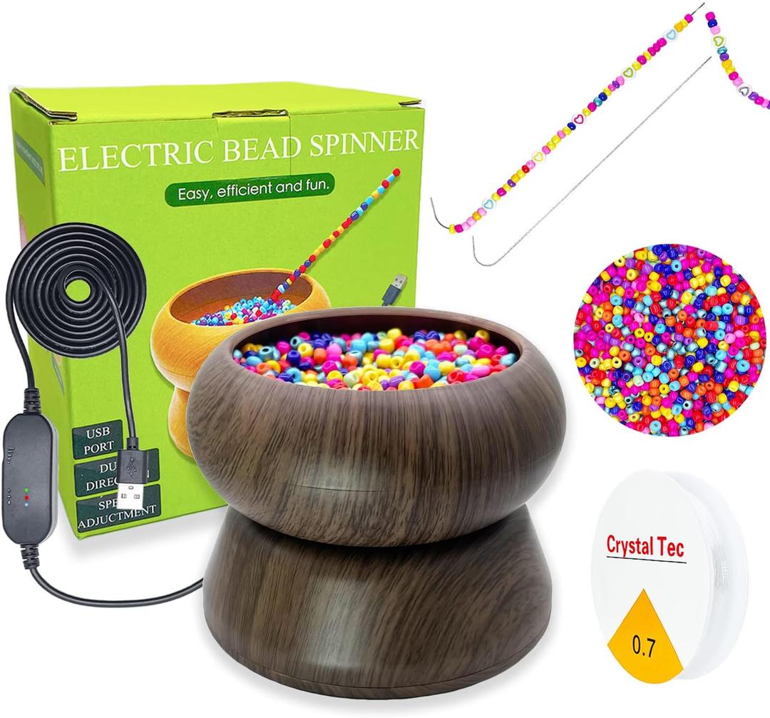 Xmada Electric Bead Spinner - Bead Spinner with 2PC Beading Needles and Seed Beads, Waist Beads Kit, Bead Spinner for Jewelry Making, Electric | Speed Adjustment Beading Tools (Black Walnut)