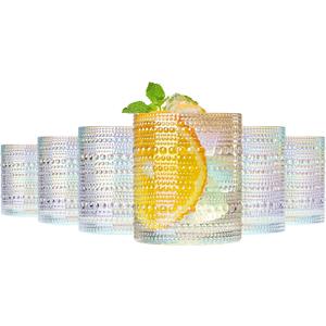 Hobnail Beaded Lowball Drinking Tumbler Glasses | Set of 6 | Iridescent Pearl Vintage Bubble Design Glassware, Old-Fashioned, Embossed Design, Water, Wine, Cocktail Embossed Heavy Glass, Rocks Glass