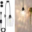 Modern Plug in Pendant Light with Dimmable Switch E26 Clear Rippled Glass Shade Hanging Lights with 16.4 Ft CordPlug in Hanging Lamp for Kitchen Island Bedroom Living Room Bulb not Included (Transparent)