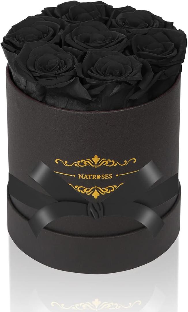 NATROSES 7 Piece Preserved Roses in a Box, Preserved Flowers for Birthday, Flower Gifts for Mothers Day (Black) (Medium)