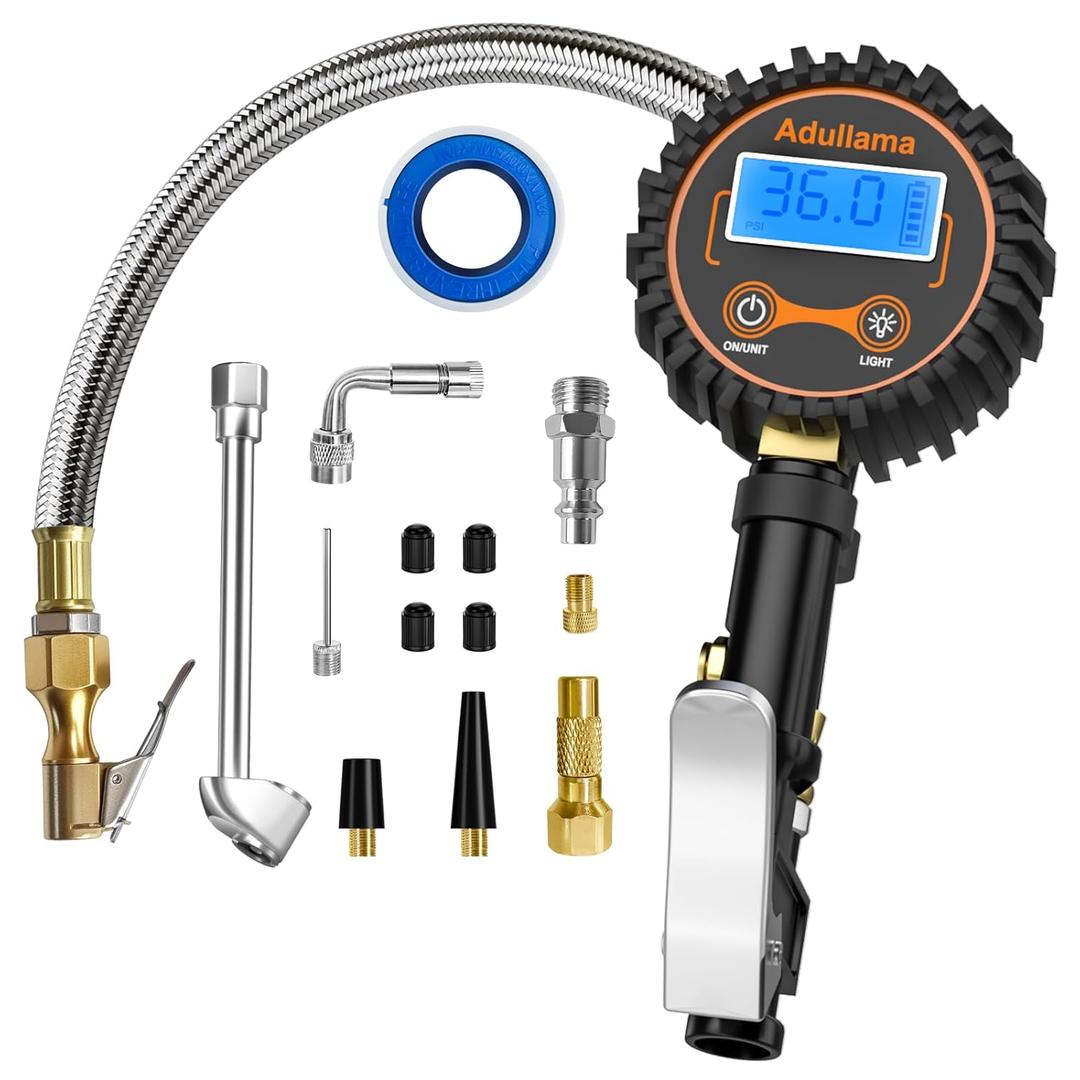 Digital Tire Pressure Gauge with Inflator, 250 PSI Heavy Duty Air Chuck Air Compressor Attachments, Improved Leaks Protection & Stainless Braided Hose Tire Gauge, 0.1 Display Resolution (Standard)