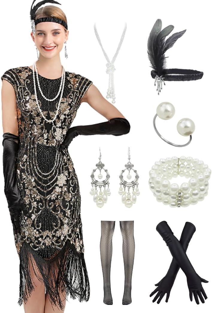Women's 1920s Cap Sleeve Great Gatsby Sequin Art Deco Flapper Fringed Cocktail Dress w/Accessories Set (X-Large, Black Gold)