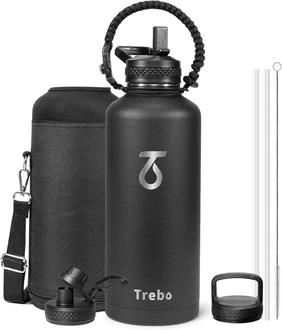 Trebo Water Bottle 87 oz with Paracord Handle, Double Wall Vacuum Stainless Steel Insulated Water Jug (Keep Cold 48hrs),Leakproof Flask Thermos For Hot Drinks with Straw Spout Lids, Black