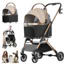 4 Wheels Pet Stroller for Small Medium Dogs Cats Up to 45 lbs Folding Dog Stroller with Detachable Breathable Carrier Suitable for Car Seat, Hand Carry & Travel, All Terrain, 3 in 1 Multifunctional (Khaki)