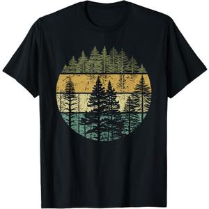 Retro Forest Trees Outdoors Nature Women Men Vintage Graphic T-Shirt (Small, Black)