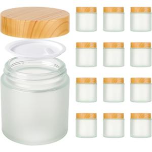 4oz Jars with Lids, Hoa Kinh 12 Pack Frosted Glass Jars with Lids Empty Cosmetic Containers Round Airtight Glass Jar with Inner Liners and Woodgrain Lid for Storing Lotions, Powders, and Ointments