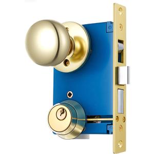 Tandefio 1 Set Double Cylinder Mortise Lock Gate Ornamental Iron Latch Set with 21/2" Backset 1" x 71/8" Faceplate Polish Brass (Right Hand Reverse)