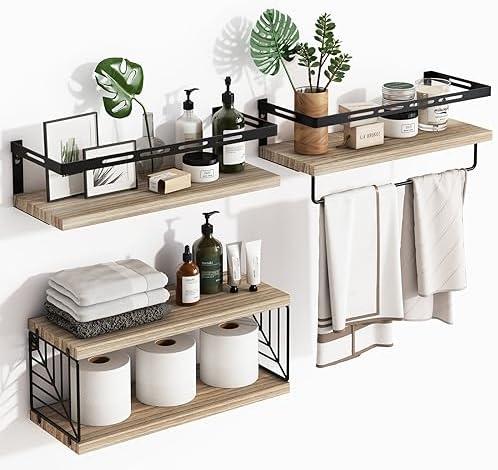 Fixwal 3+1 Bathroom Shelves Over Toilet, Floating Shelves Wall Mounted with Metal Frame and Towel Bar for Bathroom, Kitchen, Bedroom, Living Room (Rustic Brown)