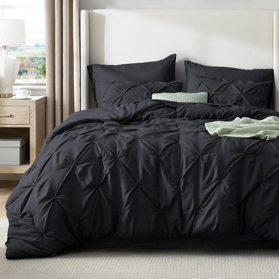 Bedsure Oversized King Comforter Set Black - Bed in a Bag Bedding Set 7 Pieces, GentleSoft Pintuck Bed Set Gift for Family, Pinch Pleat Black Comforter with Sheets, Pillowcases & Shams