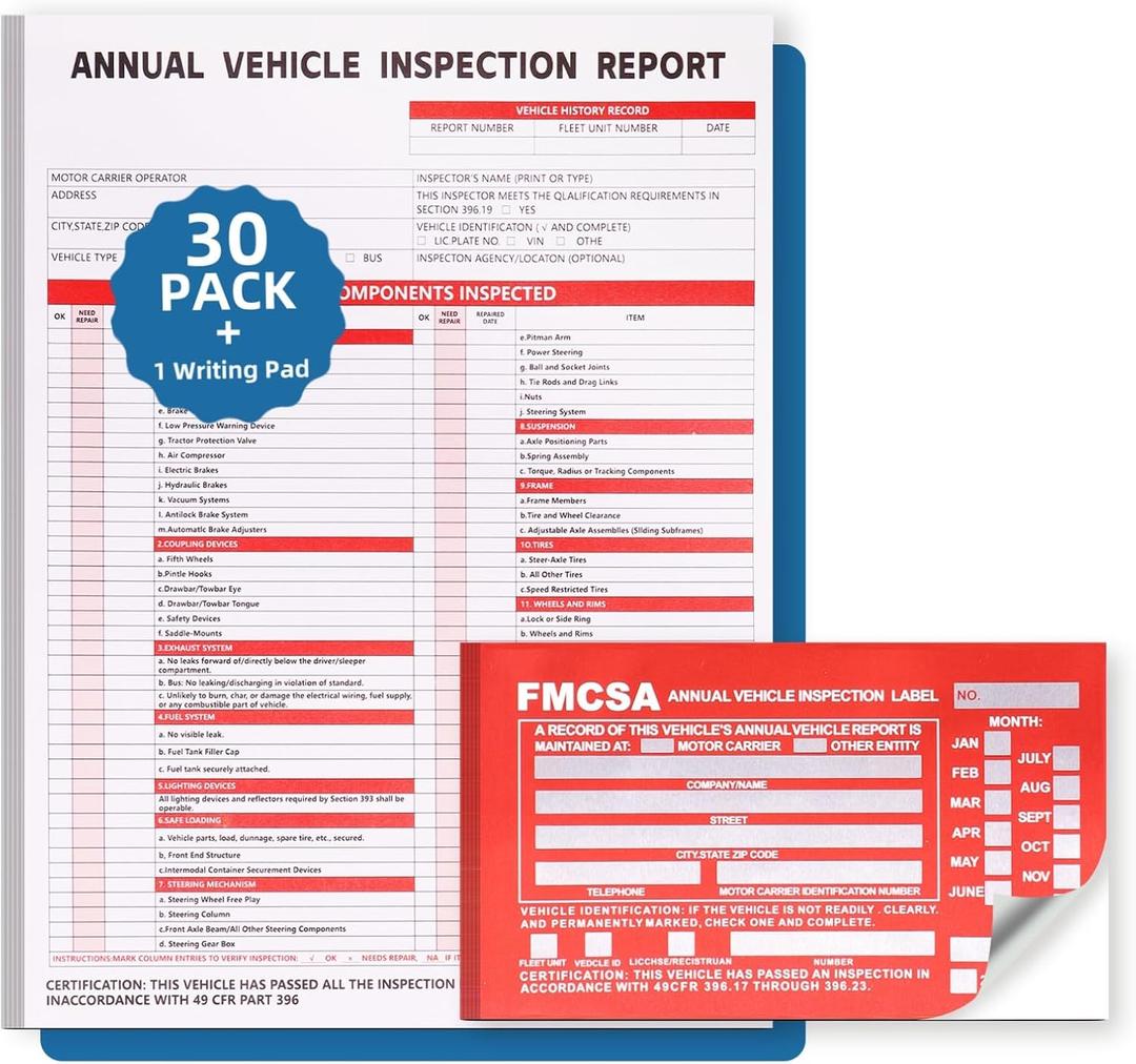 30-Pack Annual Vehicle Inspection Report Form, 3-Ply Carbonless Form and Hardboard, Includes 30-Pk Red FMCSA DOT Permanent Aluminum Adhesive Stickers, DOT Compliant