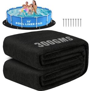 15 FT Round Pool Liner Pad for Above Ground Pools, 300GSM Heavy Duty Thickened Pool Pad with Grommets & Stakes, Anti-Shift Underlay Mat, Puncture & Weed Proof Pool Ground Mat, Black