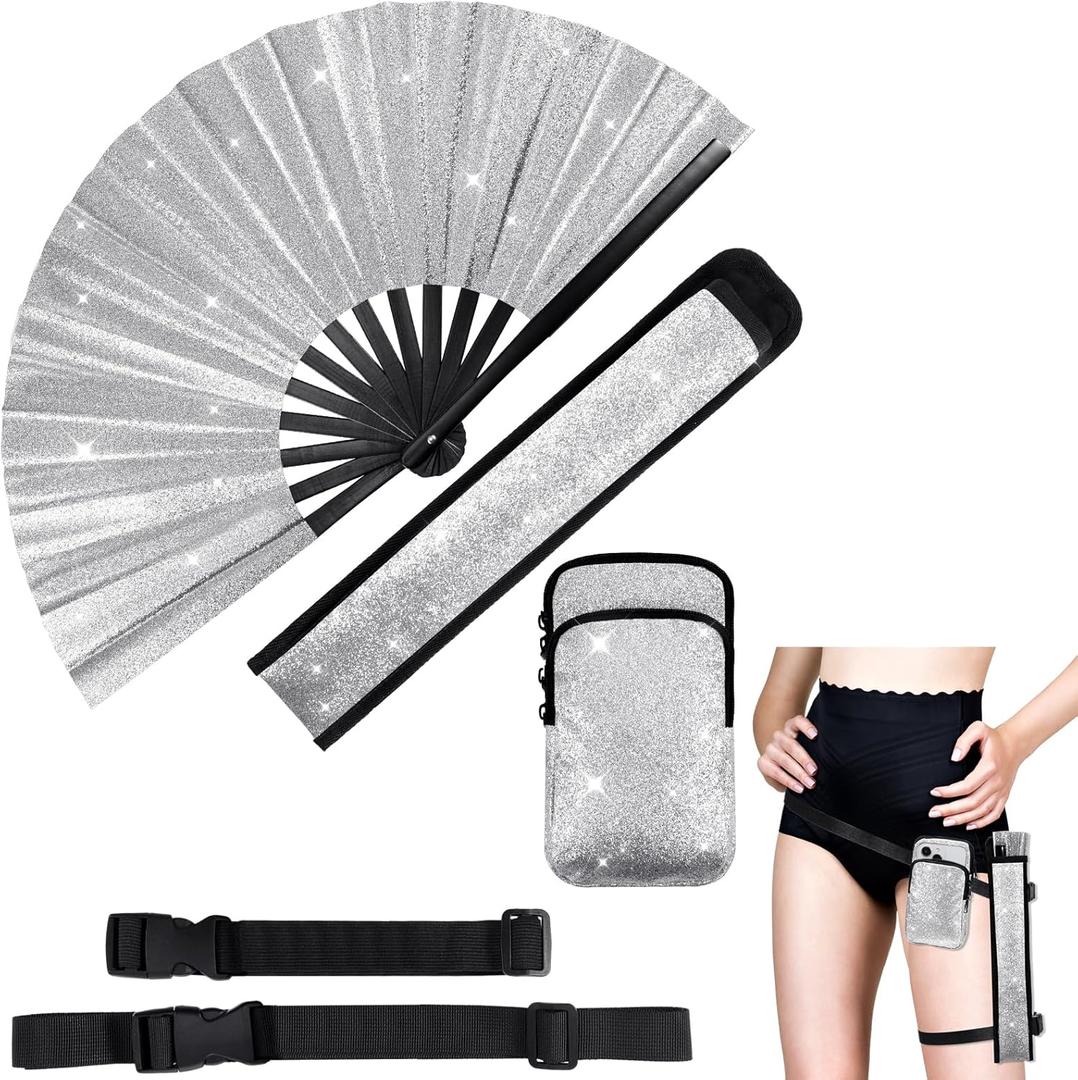 3 Pcs Glitter Rave Fan Accessories for Women Includes Rave Fan Cell Phone Bag Holder with Arm/Leg Band Belt for Music Raves EDM Festival Club Dance Circuit Christmas Party (Silver)