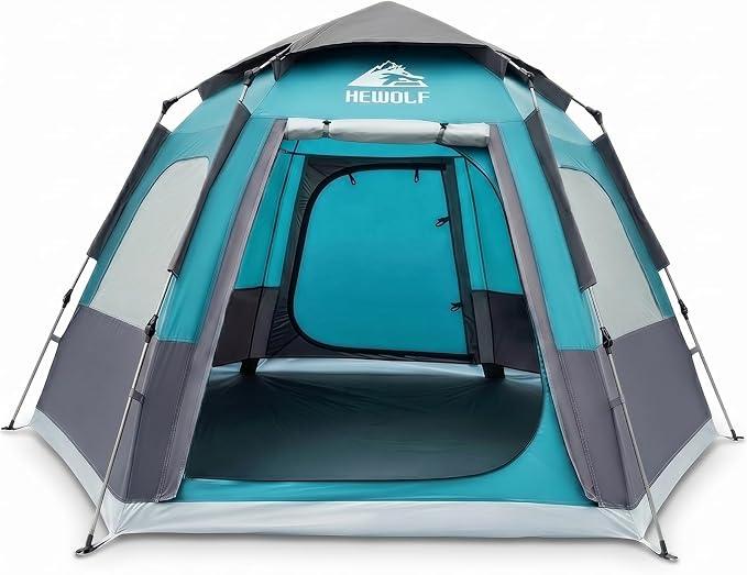 Hewolf Camping Tent - Instant Pop Up Waterproof 2 Doors Tent with Easy Setup | 3-Season Hexagonal Dome Design for Family, Hiking & Traveling, 102"L x 102"W x 55"H