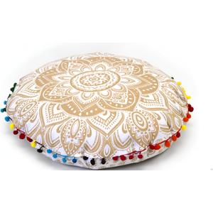 Round Mandala Floor Pillow Cover Seating Cushion Throw Cover Hippie Decorative Bohemian Ottoman Pouf Cover, Pom Pom Pillow Cases,Boho Indian 22 Inches (Gold)