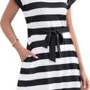 Women's Summer Dresses 2025 Striped Cap Sleeve T Shirt Crewneck Casual Dress A Line Tie Waist with Pockets