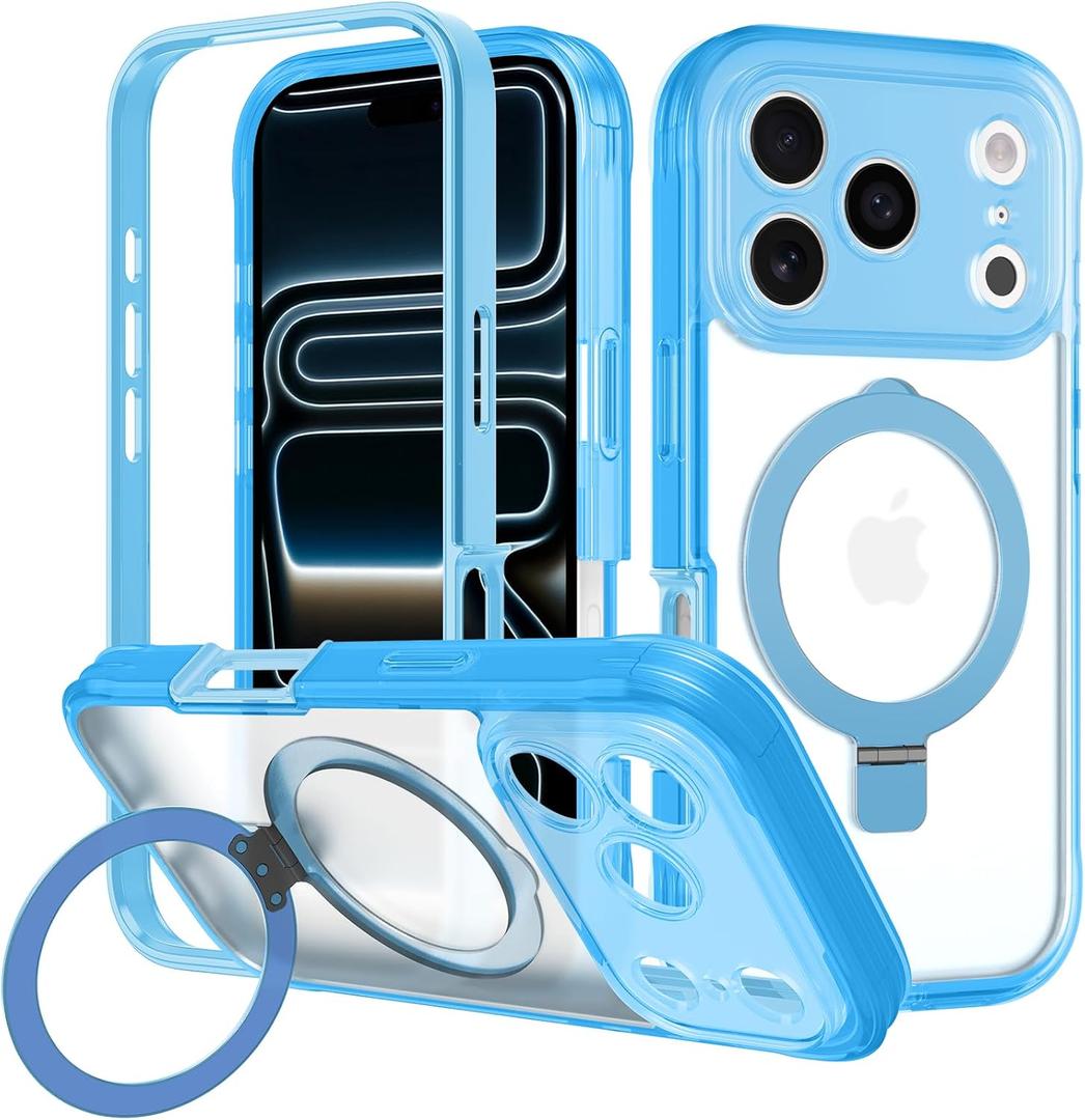 for iPhone 17 Pro Max Case with Magnetic Invisible Stand [Compatible with MagSafe] Military Drop Protection Shockproof Slim Translucent Skin-Touch Case Cover Light Blue