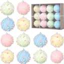 12 Pcs Pastel Color Shatterproof Glitter Foam Christmas Ornament Set - 3.15 Inch Decorative Hanging Balls for Sweet - Themed Xmas, New Year & Holiday Party, Home Christmas Tree Decor
