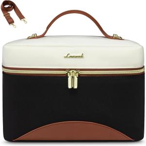 LOVEVOOK Insulated Lunch Bag for Women,Adult Lunch Box for Women,Leakproof Cooler Bag for Office Picnic Hiking Beach,Lunch Tote Bag with Adjustable Shoulder Strap (Medium, Black with Off White with Brown)