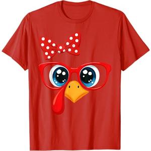 Turkey Face Red Cute Bow Thanksgiving Girl Women Kid T-Shirt Small