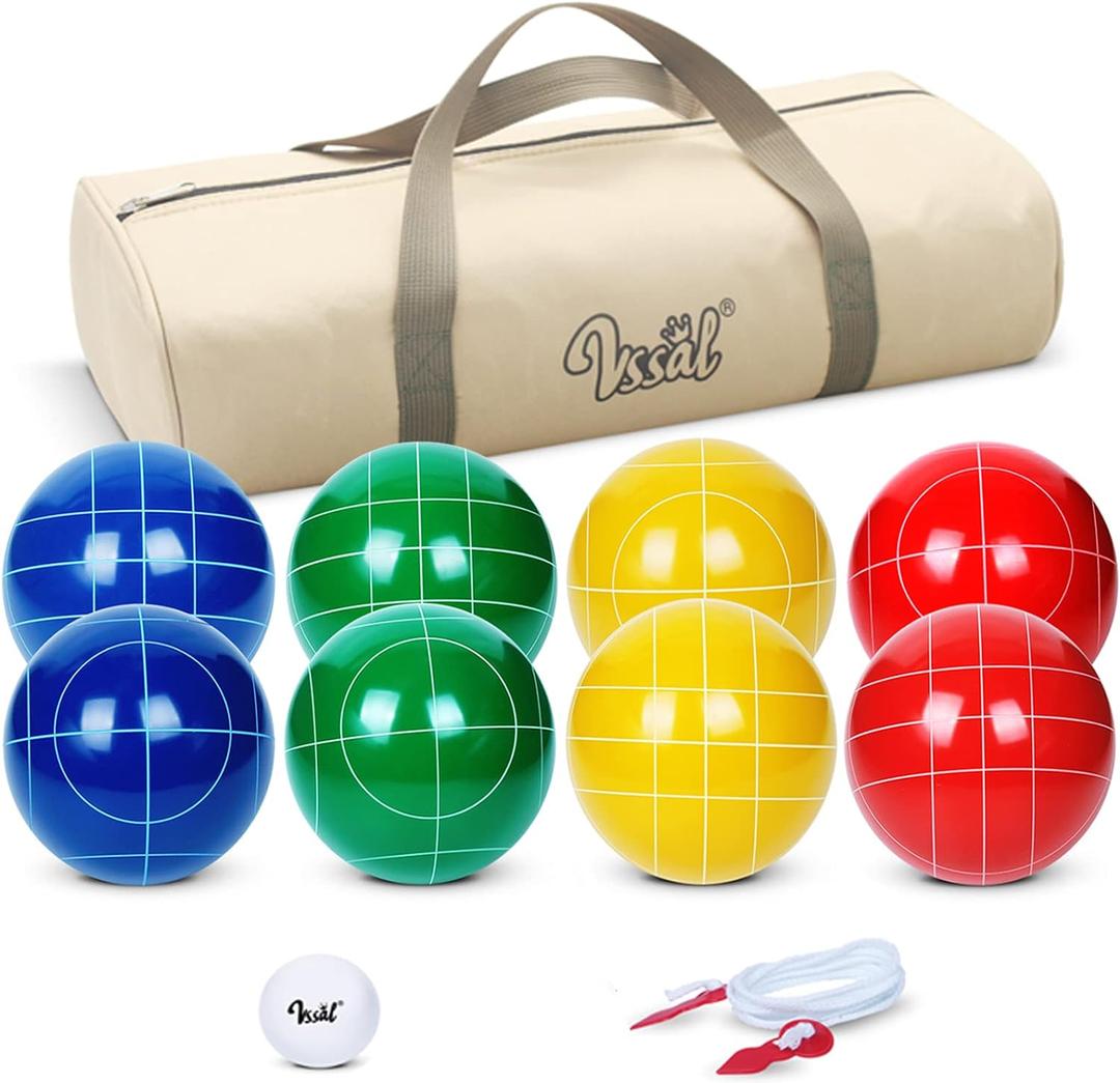 VSSAL 100mm Bocce Ball Set Regulation Size and Weight with 8 Resin Bochie Balls, Pallino, Carrying Bag, Measuring Rope, Gift for Family Backyard Lawn Yard Beach Bocci Games (Multi Colors, 2-8 Players)