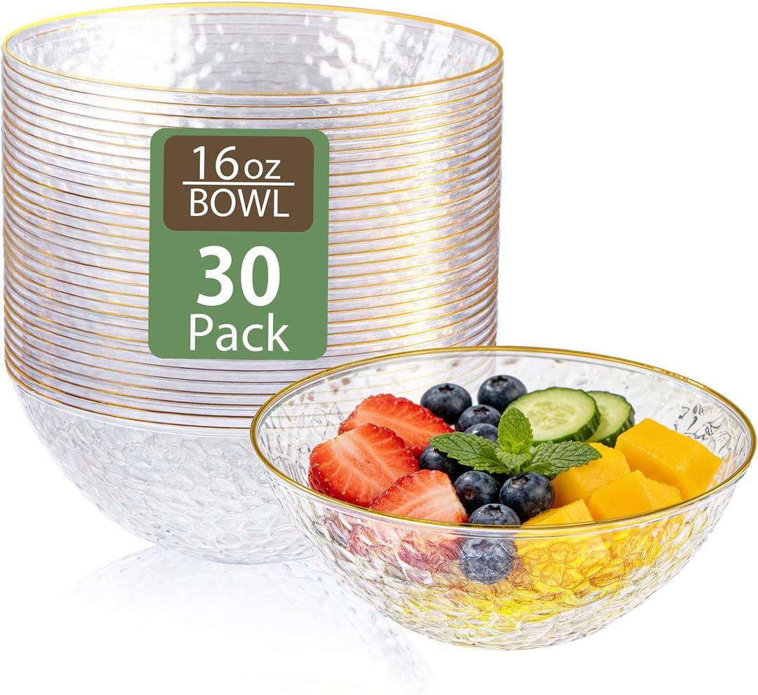 Tinybee 30 Pack Clear Plastic Bowls - Clear Disposable Bowls for Party with Gold Rim, 16-20oz Premium Hammered Bowls Disposable Heavy Duty, Plastic Salad Bowls for Milk Cereals, Snacks, Salads