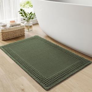 RESARE Waffle Bath Mat for Bathroom, Super Absorbent Bathroom Rugs Non Slip Machine Washable, Ultra Soft Quick Dry Boho Bath Rugs with Tassels for Floor, Upgraded Bordered Design, 17"x24" Green